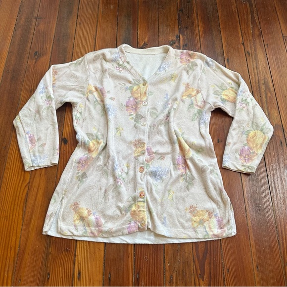 Vintage 1990s watercolor floral print button up knit cardigan w v-neckline 1X - Picture 2 of 4